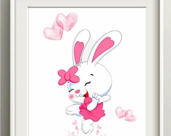 Happy Bunny Download Clip Art for Girls, DIN A4, Nursery, Animal, Hearts, Cartoon, Figures, Nursery Decor, Print, Instant Download