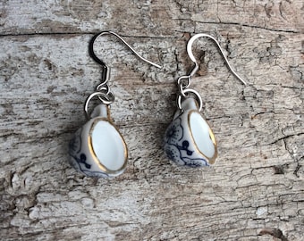 Womens jewellery,Teatime earrings,Cup of tea earrings,Tea lovers earrings,Novelty earrings,Whimsical earrings,Blue white porcelain teacup.