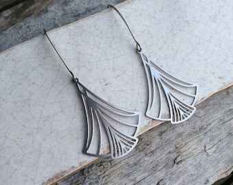 Art Deco Stainless Steel Earrings, Geometric Fan, Laser Cut