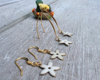 White Enameled Daisy Earrings, Gold Plated Hooks, Boho Floral Jewellery