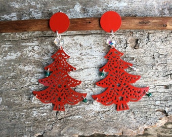 Red Christmas Tree Earrings, Filigree Dangles, Australian Made