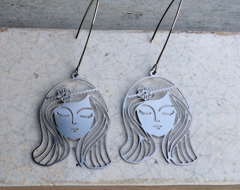 Face earrings,Stainless steel earrings,Silhouette Earrings,Silver tone Earrings,Female face jewelry,Filligree earrings, Lovers jewelry,Gift