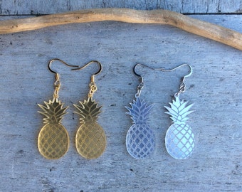 Mirror Pineapple Dangle Earrings, Acrylic, Stainless Steel Hooks