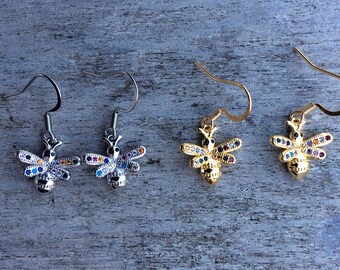 Bee earrings,Gold bee earrings,Silver bee earrings,Dainty earrings,Cubic Zirconia bee earrings,Colourful bee earrings,Honey bee earrings.
