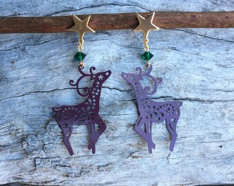 Reindeer earrings,Xmas Reindeer earrings,Purple Xmas earrings,Stud Statment earrings,Xmas party earrings,Festive earrings,Xmas Star earrings