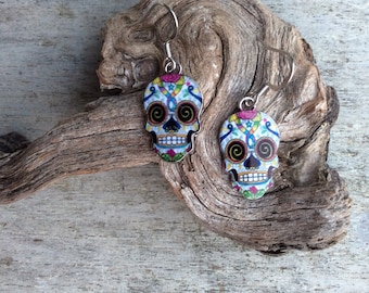 Sugar Skull Earrings, Stainless Steel Hooks, Day of the Dead Jewelry