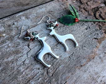 Christmas Reindeer Earrings, Festive Silver Plated Jewelry