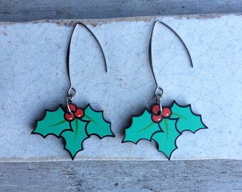 Holly earrings,Christmas holly earrings,Christmas earrings,Holly dangle earrings,Womens Xmas earrings,Xmas party earrings,Festive earrings