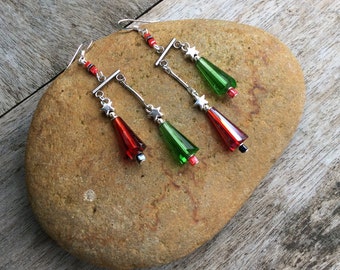 Christmas jewellery,Xmas tree earrings,Chandelier Christmas earrings,Festive earrings,Red green Xmas earrings,Xmas earrings,Kris Kringle.