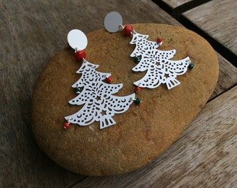 Filigree Christmas Tree Earrings, Crystal Baubles, Surgical Steel, Australian Made