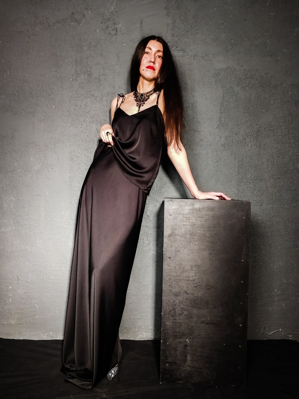 Goth black dress womens suit. Includes silk top and maxi Etsy