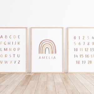 Custom ABC 123 Rainbow Baby Name Prints, ABC 123 Muted Rainbow Set, ABCD Wall Art, Alphabet Number Poster, Custom Gift, Printable Wall Art