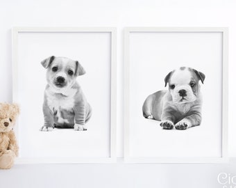 Nursery Wall Art, Puppy Dog Nursery Print, Set of 2, Black and White, Printable Wall Art, Puppy Art, Nursery Wall Decor, Nursery Watercolor