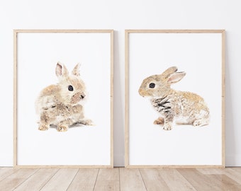 Bunny Rabbit Nursery Print, Set of 2, Nursery Animal Prints, Watercolor Bunnies, Printable Wall Art, Nursery Wall Art