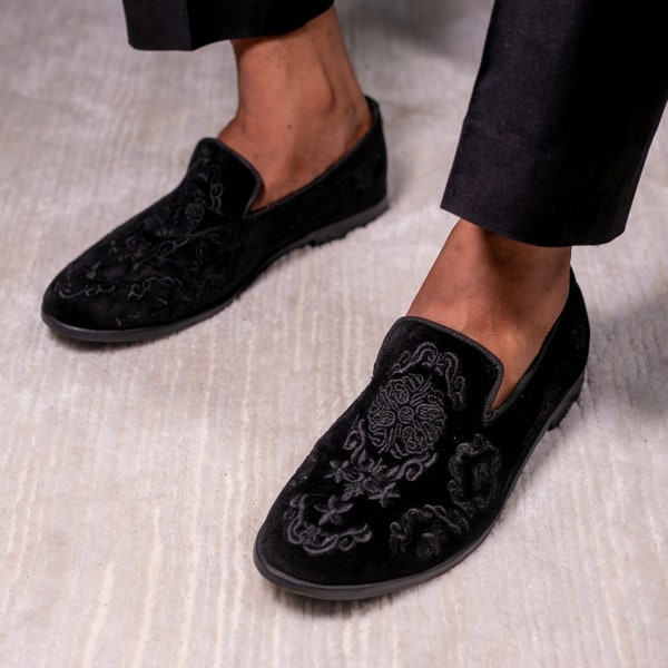 Aare Embroidered Slippers Loafers in BLACK x BLACK by May Anthony