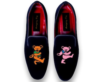 Dancing Bears Embroidered Slippers Loafers by May Anthony