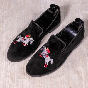 Racing Horse Embroidered Slippers Loafers by May Anthony