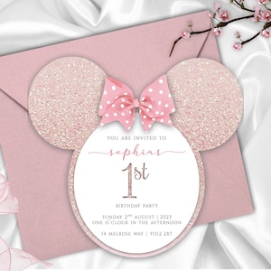 Lot de 10 - Faire-part d'anniversaire personnalisé avec une souris rose, découpé au laser, carte à paillettes, ruban, noeud