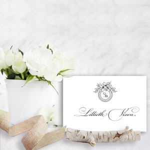 Wild at Heart Wedding Name Card - Place card, rustic, floral, outline, black white, bespoke, initials, logo