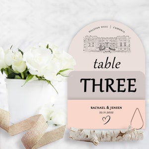 That&#39;s Amore wedding table number, name, blush pink, venue sketch, modern, elegant, floral, rustic, shaped, bespoke, stationery