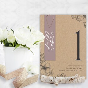 Wildflower Dreams - Numero del tavolo nuziale, nome, Kraft, fiori, moderno, elegante, floreale, rustico, foglie di eucalipto, su misura, cancelleria