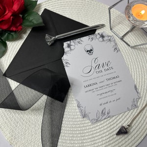 Til Death Do We Part, Wedding Save the Date, celestial, skeleton, tarot, Black, Skull, Gothic,  Bespoke, Stationery