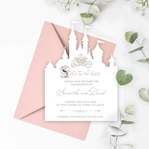 Once upon a time Wedding Save the Date, castle, Rustic, fairytale, Cinderella, foil, Modern, Alice, Bespoke, Stationery
