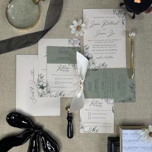 Wedding Invitation - Wildflower Dreams. Rustic, sage, flowers, satin bow, blush, floral, boho, blue, woodland, modern, bespoke. SAMPLE