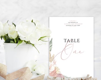 Bridal Bouquet wedding table number, name, blush pink, logo, elegant, floral, rustic, pampas, bespoke, stationery