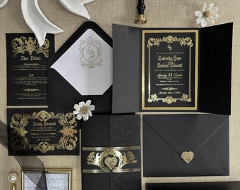 Wedding Invitation - Gothic Glamour, skeleton Invite, black, gold foil, celestial, pocket fold, astrology, vintage, elegant, bespoke. SAMPLE