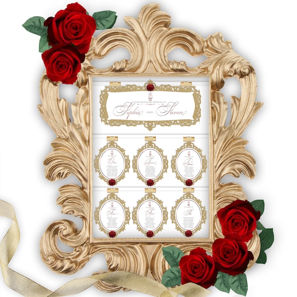 Wedding Table Plan - Be our Guest, Watercolour, Rustic, fairytale, Modern, Bespoke, red, rose, gold, beauty beast