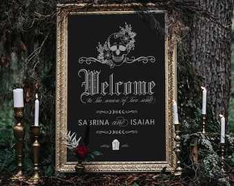 Welcome Wedding Sign - Into the Night, gothic, skull, Welcome to the wedding of, celestial, tarot, bespoke, black white