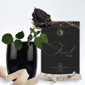 The Lovers Tarot Card, Celestial wedding table number, name, moon, stars, tarot, spiritual, gold, black, astrology, bespoke, stationery
