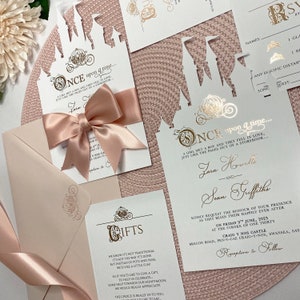 Wedding Invitation - Once Upon A Time. Fairytale, Princess, Carriage, Castle shape with satin bow, foil detailing, bespoke. SAMPLE