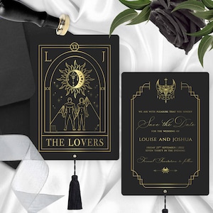 The Lovers Tarot Card Wedding Save the Date, Boho, celestial, moon, stars, tarot, Black, gold, Modern, foil, Bespoke, Stationery