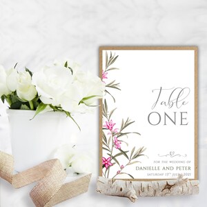 Botanical Treasures wedding table number, name, blush pink, logo, elegant, floral, rustic, eucalyptus leaves, bespoke, stationery