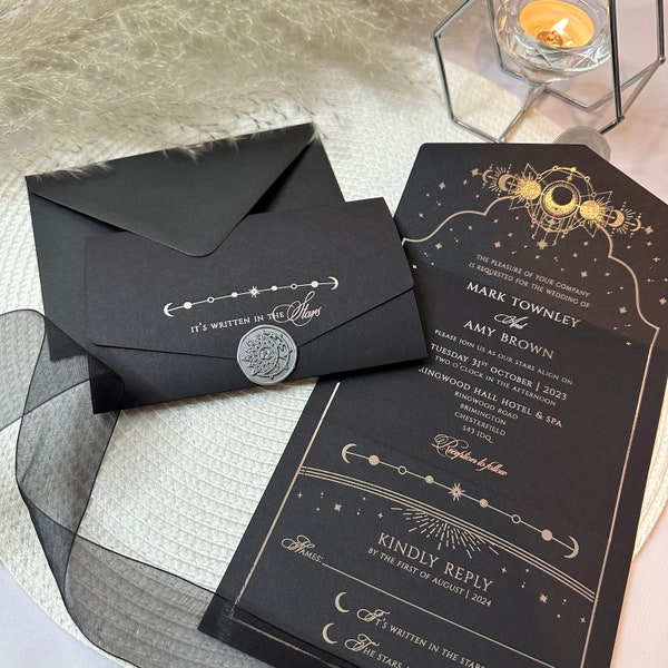 Wedding Invitation - Written in the Stars Invite, black, gold foil, celestial, fortune, astrology, folded, corcentina, bespoke. SAMPLE