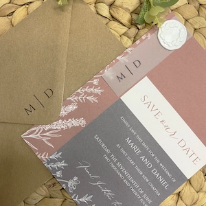 Here Comes The Bride Wedding Save the Date, Boho, Rustic, Floral, leaves, burnt orange, wax seal, Kraft, Modern, Black, Bespoke, Stationery