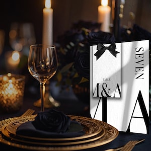 Now & Forever, Tischnummer, Name, modern, elegant, Monogramm, Monogramm, Monogramm, Initialen, schwarze Schleife, maßgeschneidert, Briefpapier