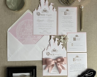 Wedding Invitation - Once Upon A Time. Fairytale, Princess, Carriage, Castle shape, satin bow, Happily ever after , foil, bespoke. SAMPLE
