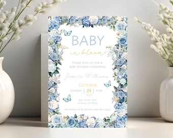 Editable Blue Baby in Bloom Baby Shower Invitation, Boy Spring Flowers Baby Shower Invite, Dusty Blue Wildflower Baby Shower Invitation