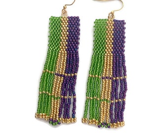 Mardi Gras Beaded Earrings, Purple, Green, Gold Beaded Earrings, Mardi Gras Jewelry, Seed Bead Fringe Earrings