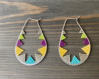 Seed Bead Hoop Earrings, Beaded Hoop Jewelry, Silver Hoops
