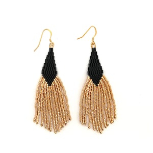 Black and Gold Beaded Earrings, Fringe Seed Bead Earrings, Classic Black and Gold Beaded Jewelry, Bugle Beaded Earrings