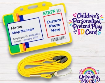 May include: A yellow plastic ID badge holder with a matching yellow lanyard. The badge features the text STAFF ID, Name: Shop Manager, Employee ID: 56163421, Issued: January 2025, and a box labeled Custom Photo Here with a barcode below.