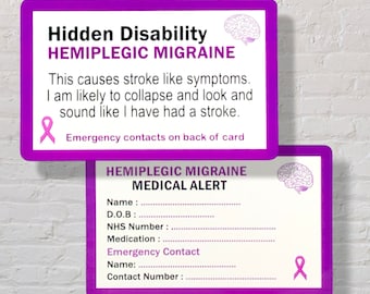 Hemiplegic Migraine Disorder Hidden Disability Awareness I.C.E Card