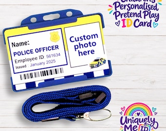 May include: A blue plastic ID card holder containing a white card with the text Name: POLICE OFFICER, Employee ID: 561634, Issued: January 2025, and a space for a custom photo, accompanied by a blue woven lanyard with a metal swivel hook.