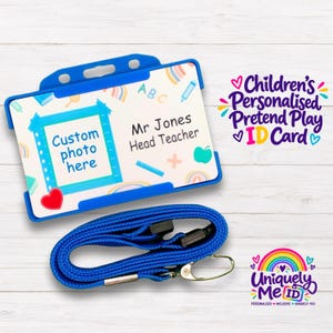 May include: A blue plastic ID card holder with a matching blue lanyard. The card features a white background with colourful school-themed icons, a space for a custom photo, and the printed text: Mr Jones Head Teacher.