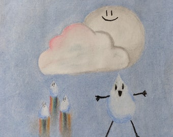 cute weather scene pastel art (unframed) 7.5" x 9" ,rainbow art, cloud art, pastel art