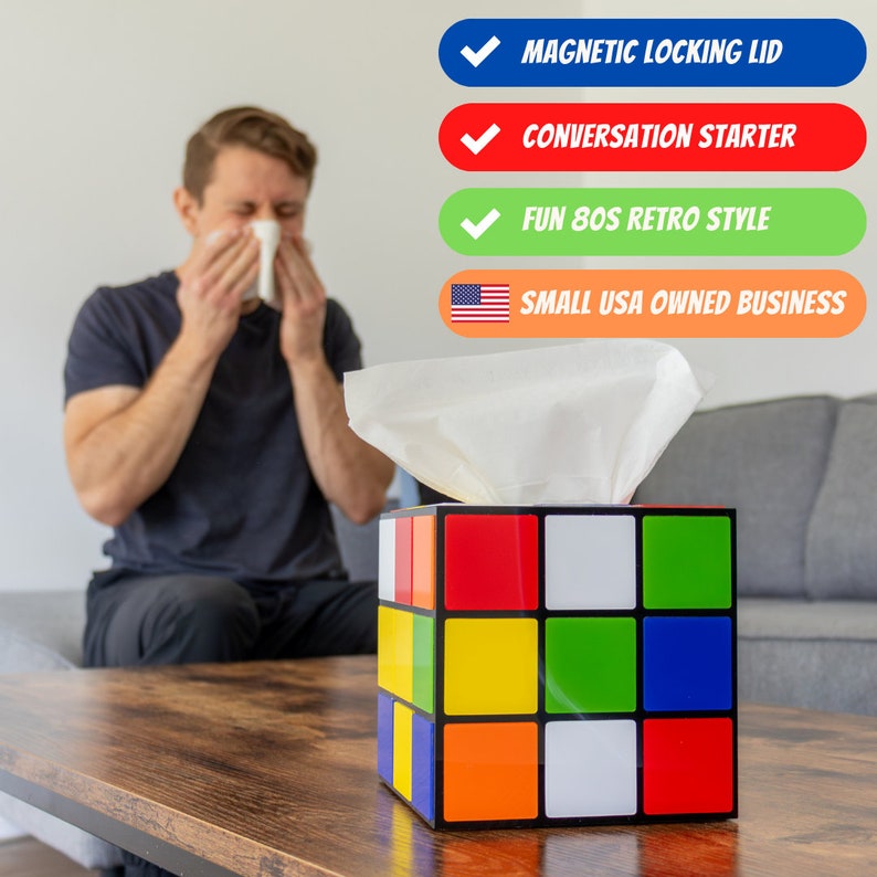 Rubix Cube Tissue Box Cover | Big Bang Theory Props & Decor | Gamer Gifts | Retro Home Decor | Speed Cube Lover zdjęcie 3